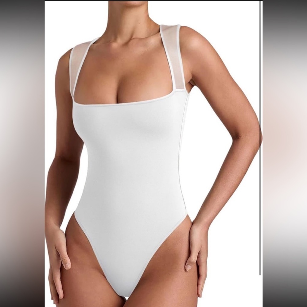 REORIA Women’s Sexy Square Neck Mesh Sheer Double Lined Thong Bodysuit NWT L - Picture 3 of 9